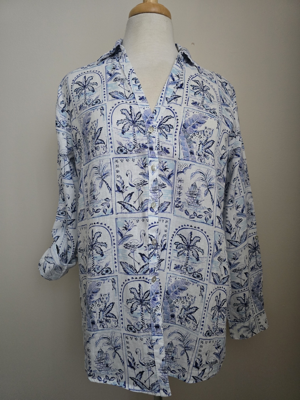 C&C California Linen Blue & White Tropical Print Button-Down Shirt Oversized S